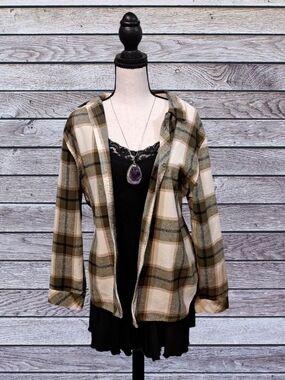 Plaid Button-Up Shacket in Olive, Tan & Cream